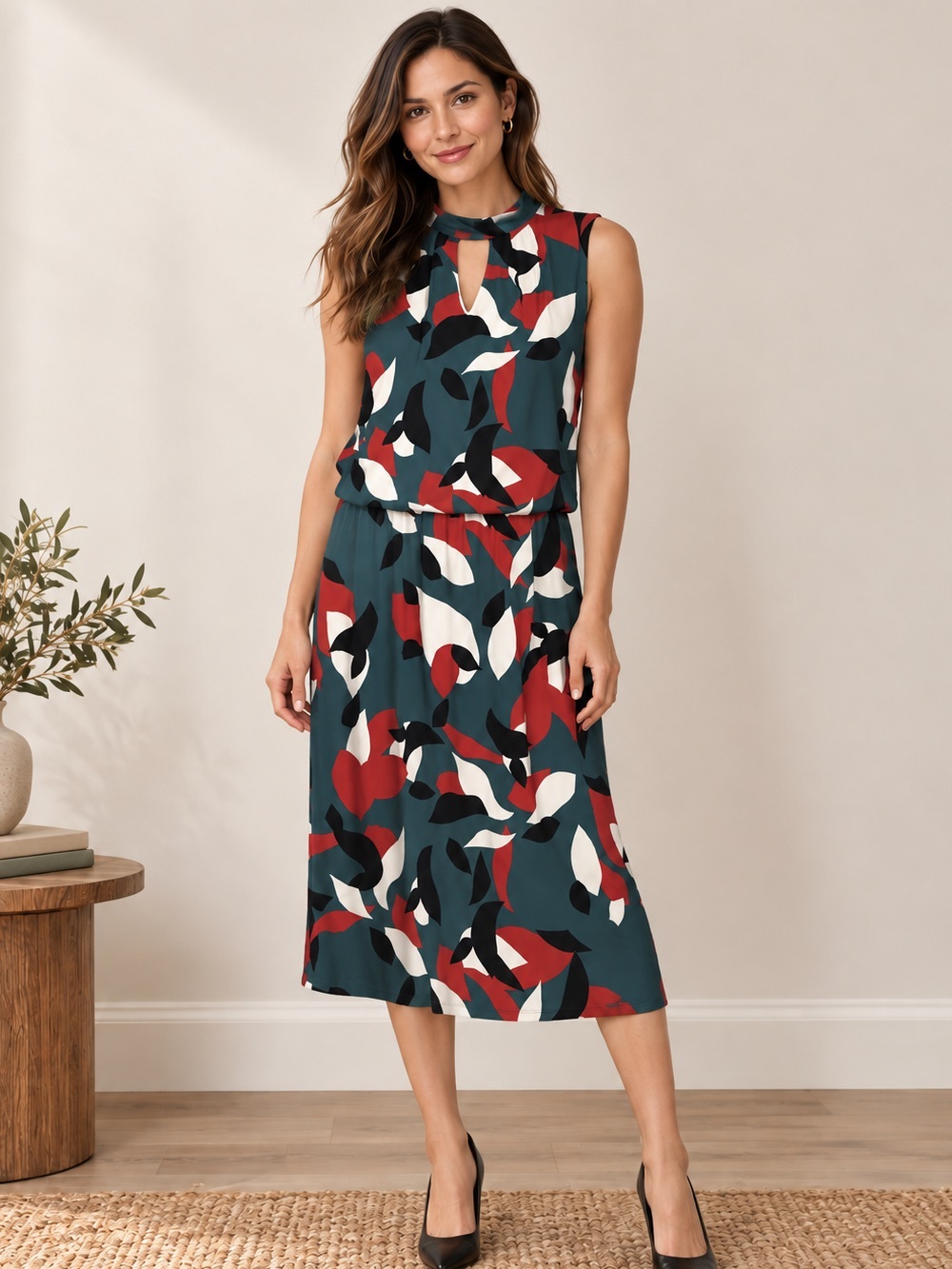 Deep Teal Abstract Jersey Blouson Midi Dress Artsy Professional 1X